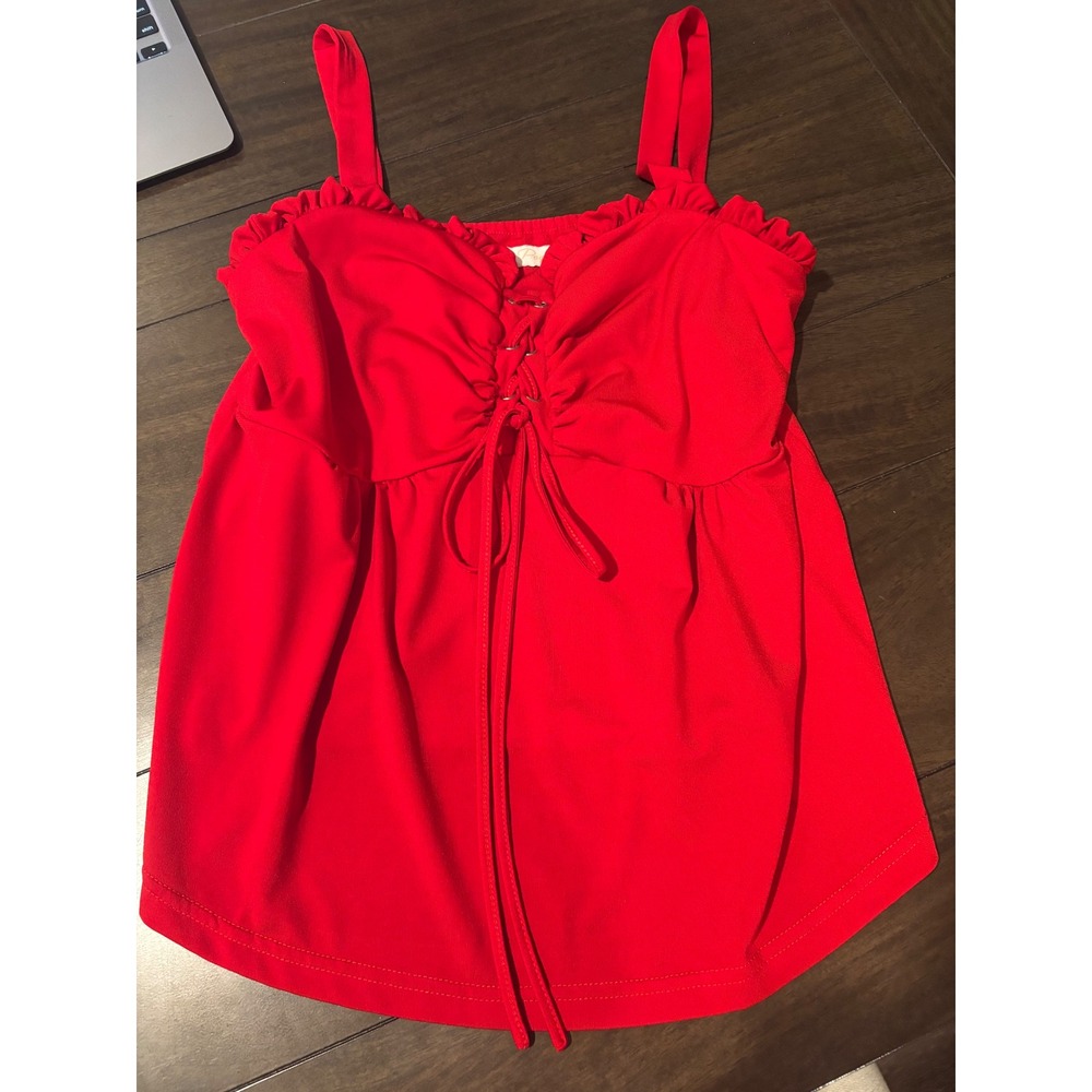 Belle Poque Red Lace Up Babydoll Camisole Top Ruffle Sweetheart Neckline Medium